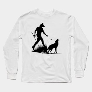 Moonlit Encounter: Wolf and Werewolf Silhouettes Long Sleeve T-Shirt